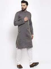 Men Navy-Blue & White Woven Design Kurta with Churidar ( JOKP 596 Navy )-JOKP-596