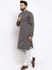 Men Navy-Blue & White Woven Design Kurta with Churidar ( JOKP 596 Navy )-JOKP-596