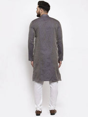 Men Navy-Blue & White Woven Design Kurta Only