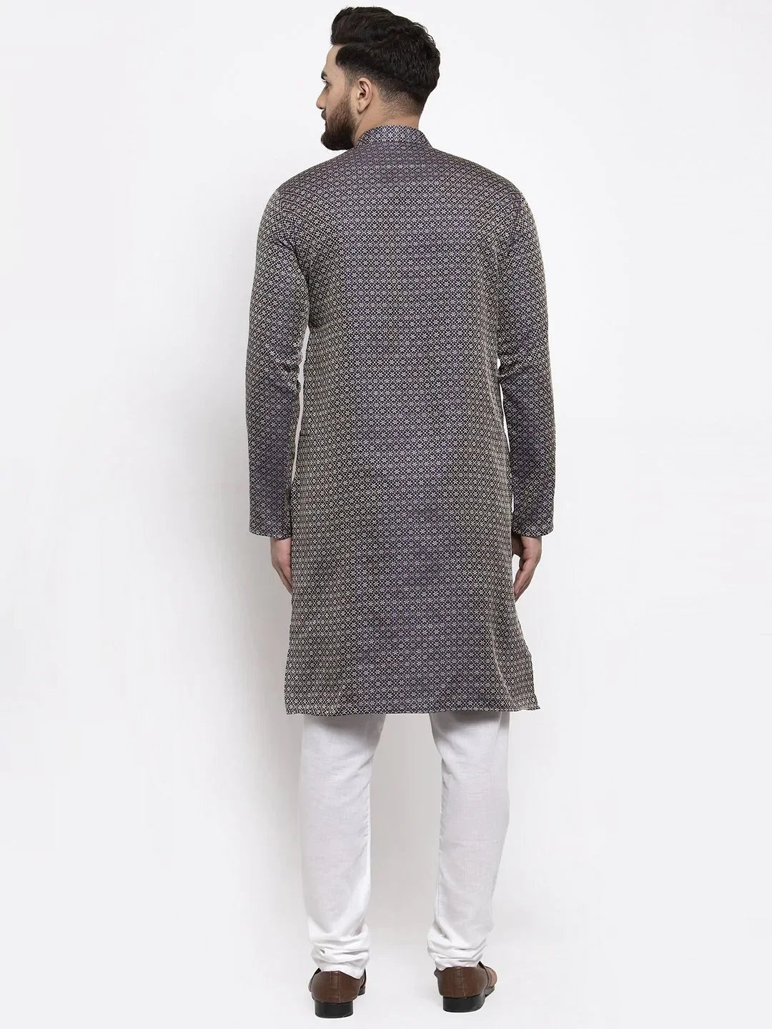Navy Blue Woven Design Mens Kurta Pajama Set with Churidar
