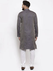 Men Navy-Blue & White Woven Design Kurta with Churidar ( JOKP 596 Navy )-JOKP-596