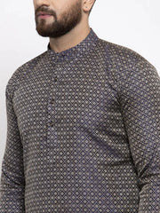 Men Navy-Blue & White Woven Design Kurta with Churidar ( JOKP 596 Navy )-JOKP-596