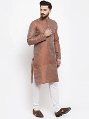 Men Orange & White Woven Design Kurta with Churidar ( JOKP 596 Orange )-JOKP-596