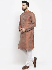 Men Orange & White Woven Design Kurta with Churidar ( JOKP 596 Orange )-JOKP-596