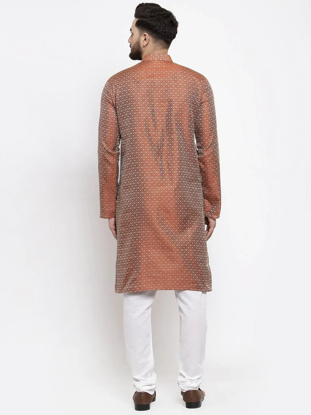 Orange Woven Design Mens Kurta Pajama Set with Churidar