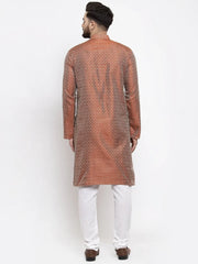 Men Orange & White Woven Design Kurta with Churidar ( JOKP 596 Orange )-JOKP-596