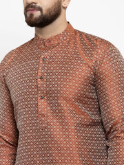 Men Orange & White Woven Design Kurta with Churidar ( JOKP 596 Orange )-JOKP-596