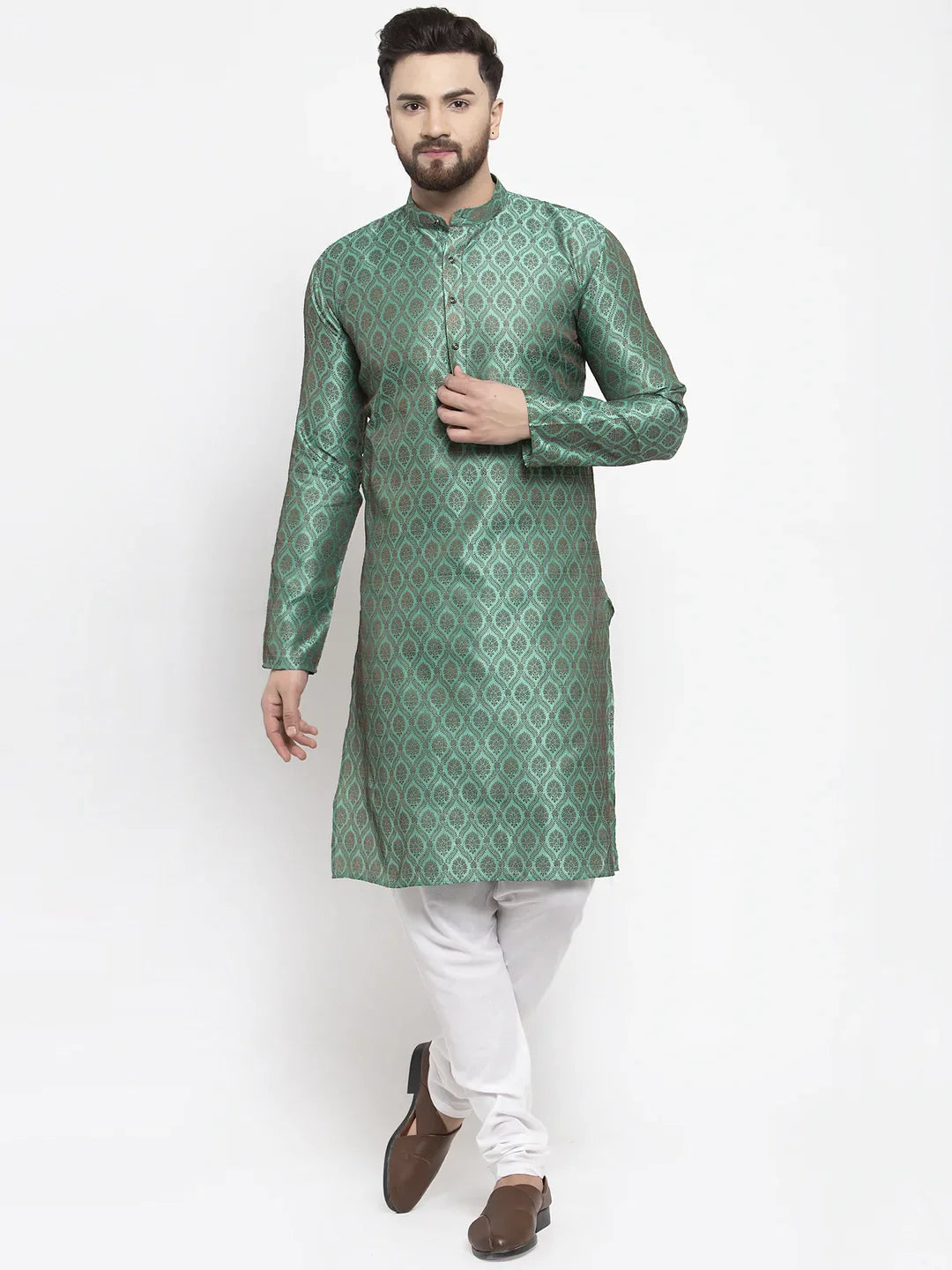 Green Jacquard Mens Kurta Pajama Set with Churidar | Ethnic Wear