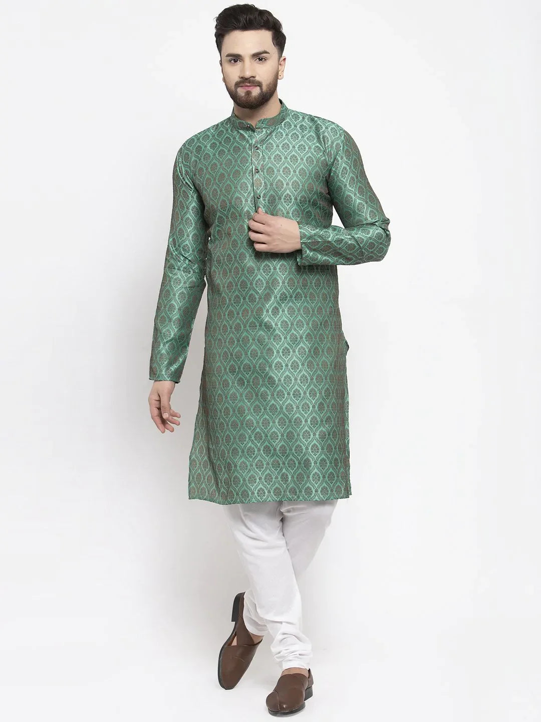 Green Jacquard Mens Kurta - Indian Kurta for Men | Wedding Kurta