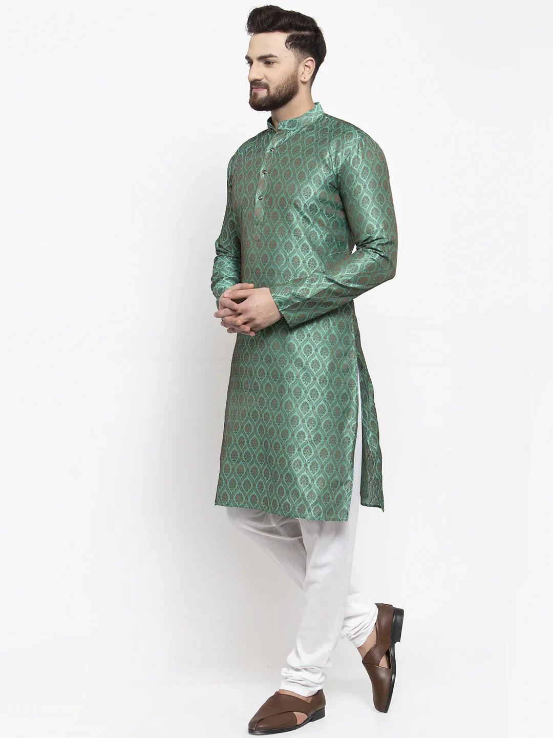 Green Jacquard Mens Kurta Pajama Set with Churidar | Ethnic Wear