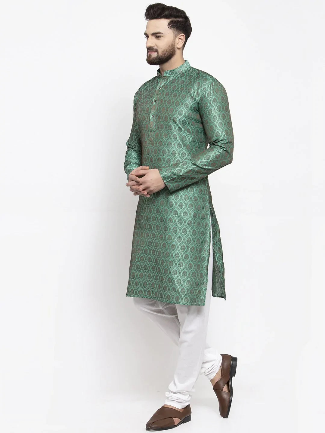 Green Jacquard Mens Kurta - Indian Kurta for Men | Wedding Kurta