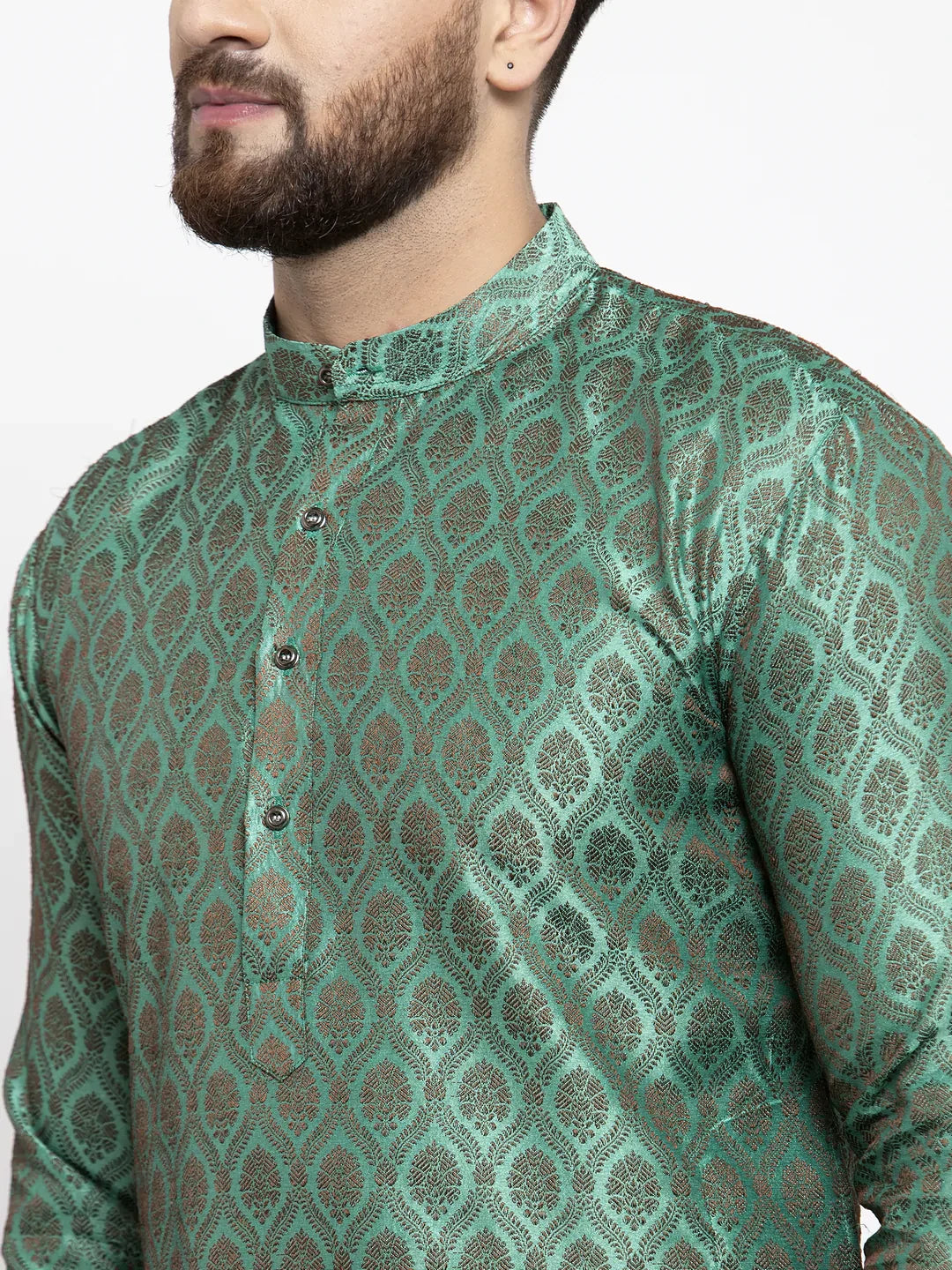 Green Jacquard Mens Kurta Pajama Set with Churidar | Ethnic Wear