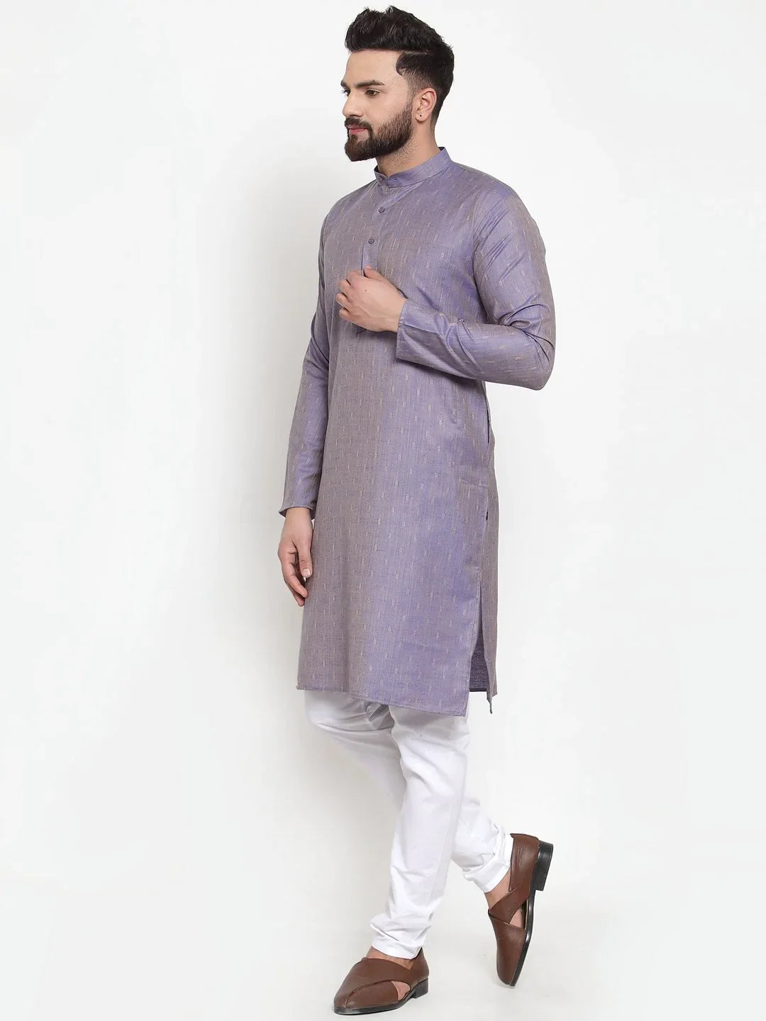 Blue Self Design Mens Kurta Pajama Set with Churidar