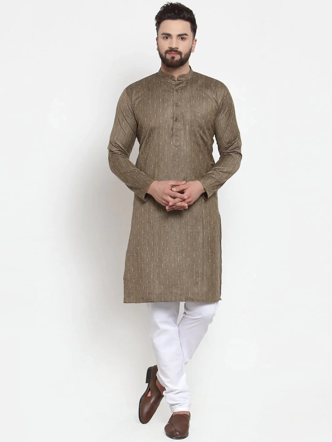 Men Bronze & White Self Design Kurta with Churidar ( JOKP 601 Bronze )-JOKP-601