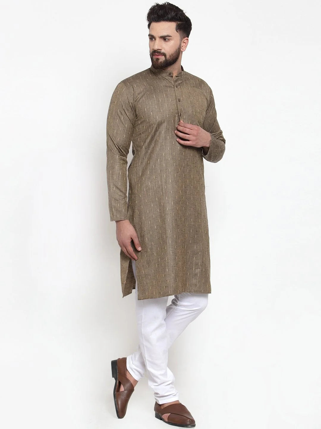 Bronze & White Mens Kurta - Cotton Indian Kurta for Men