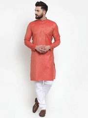 Men Orange & White Self Design Kurta with Churidar ( JOKP 601 Orange )-JOKP-601