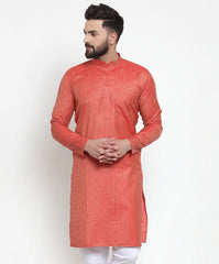 Men Orange & White Self Design Kurta Only