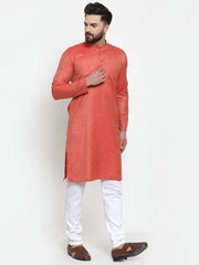 Men Orange & White Self Design Kurta with Churidar ( JOKP 601 Orange )-JOKP-601