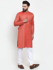 Men Orange & White Self Design Kurta Only