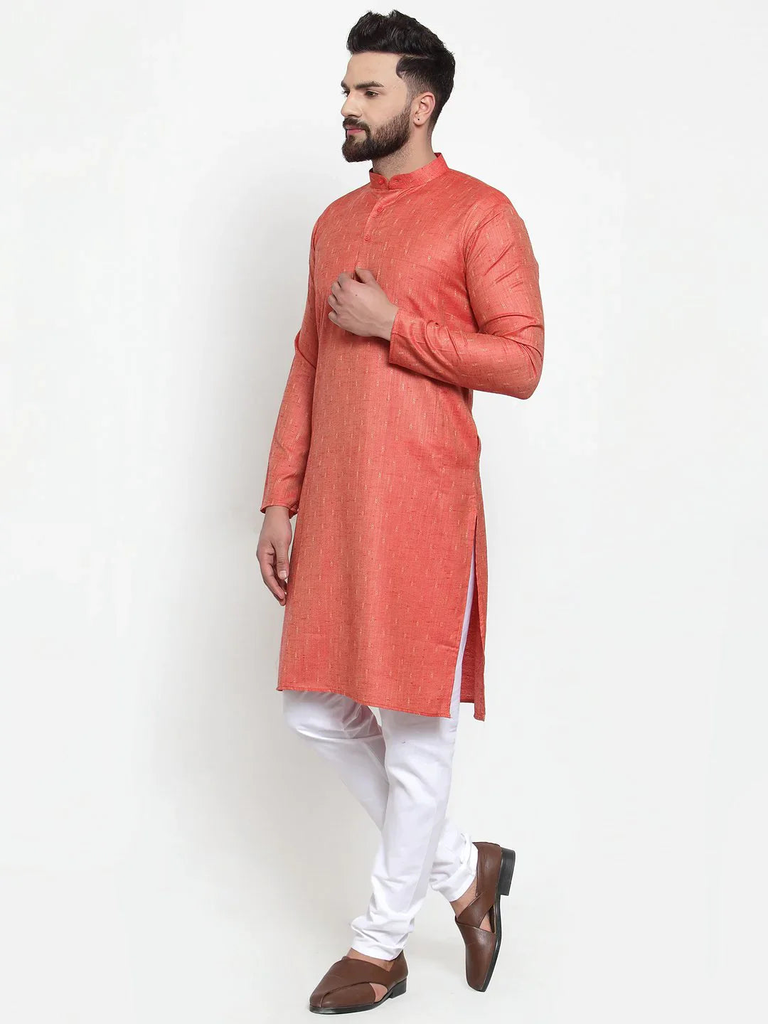 Orange Self Design Cotton Mens Kurta Pajama Set with Churidar