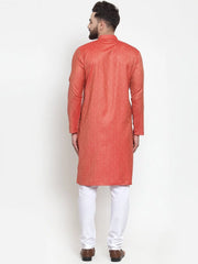 Men Orange & White Self Design Kurta Only