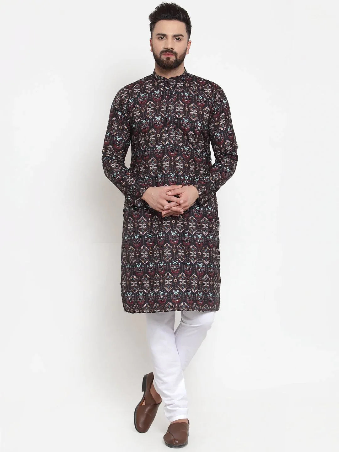 Black Digital Print Mens Kurta Pajama Set | Cotton Pathani