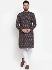 Men Black & Beige Digital Printed Kurta with Churidar ( JOKP 602 Black )-JOKP-602
