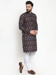 Men Black & Beige Digital Printed Kurta with Churidar ( JOKP 602 Black )-JOKP-602
