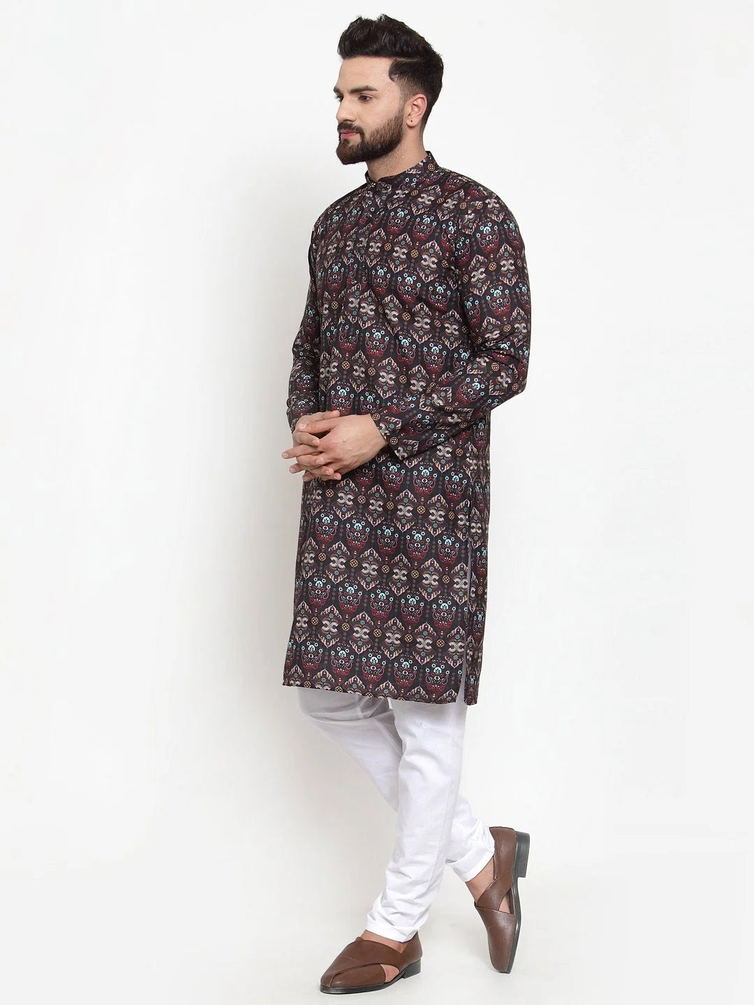 Black & Beige Printed Indian Kurta for Men | Men's Kurta