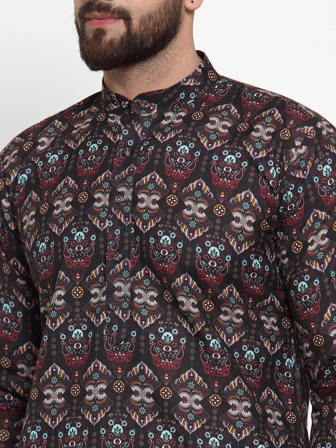 Black Digital Print Mens Kurta Pajama Set | Cotton Pathani
