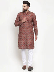 Men Maroon & Beige Digital Printed Kurta with Churidar ( JOKP 602 Maroon )-JOKP-602