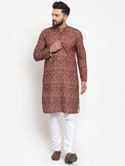 Men Maroon & Beige Digital Printed Kurta Only