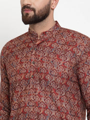 Men Maroon & Beige Digital Printed Kurta Only