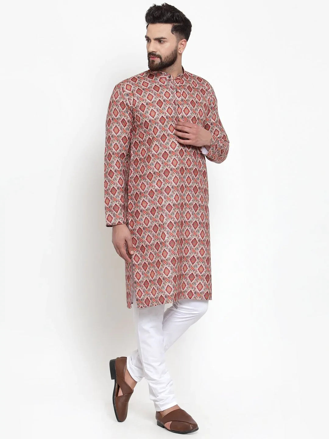 Peach Digital Print Kurta Pajama for Men | Cotton Ethnic Set