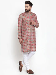 Men Peach & Beige Digital Printed Kurta with Churidar ( JOKP 602 Peach )-JOKP-602