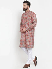 Men Peach & Beige Digital Printed Kurta with Churidar ( JOKP 602 Peach )-JOKP-602
