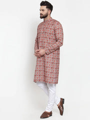 Men Peach & Beige Digital Printed Kurta Only