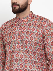 Men Peach & Beige Digital Printed Kurta Only