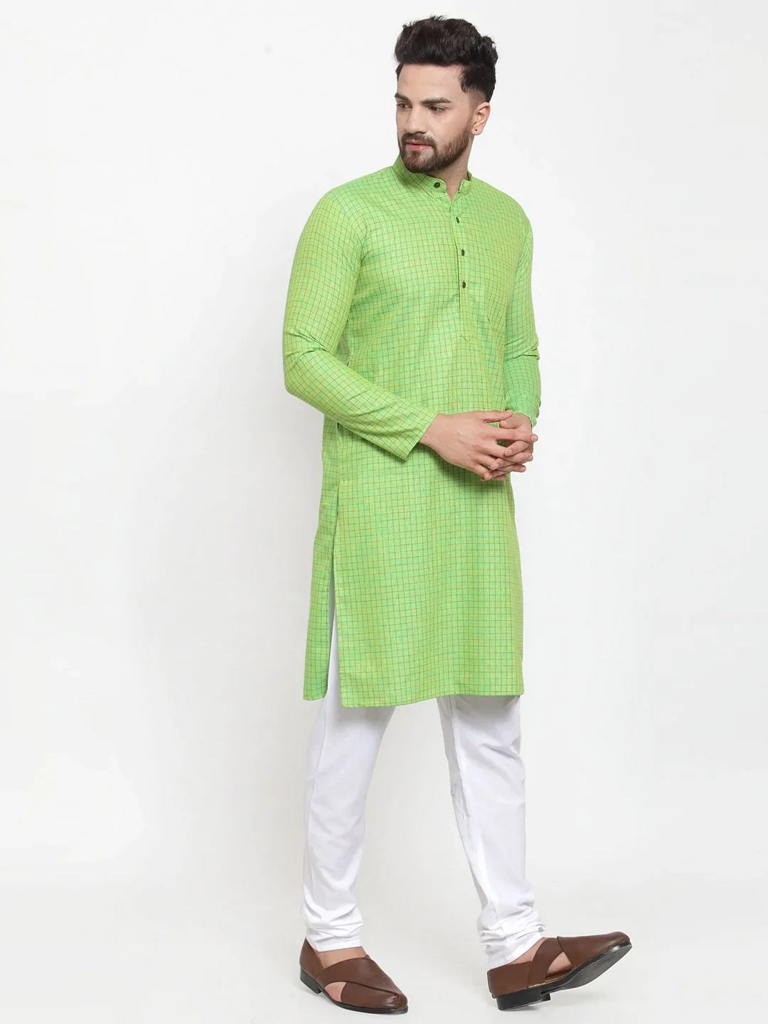 Green Checked Kurta with Churidar | Mens Kurta Pajama Set