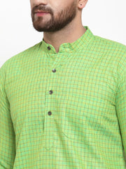 Men Green Checked Self Design Kurta with White Churidar ( JOKP 603Green )-JOKP-603