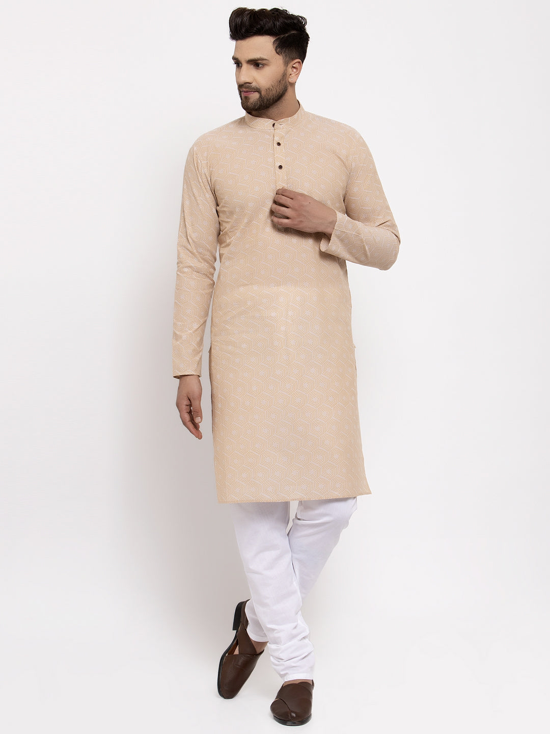Beige Cotton Printed Mens Kurta | Indian Kurta for Men Online