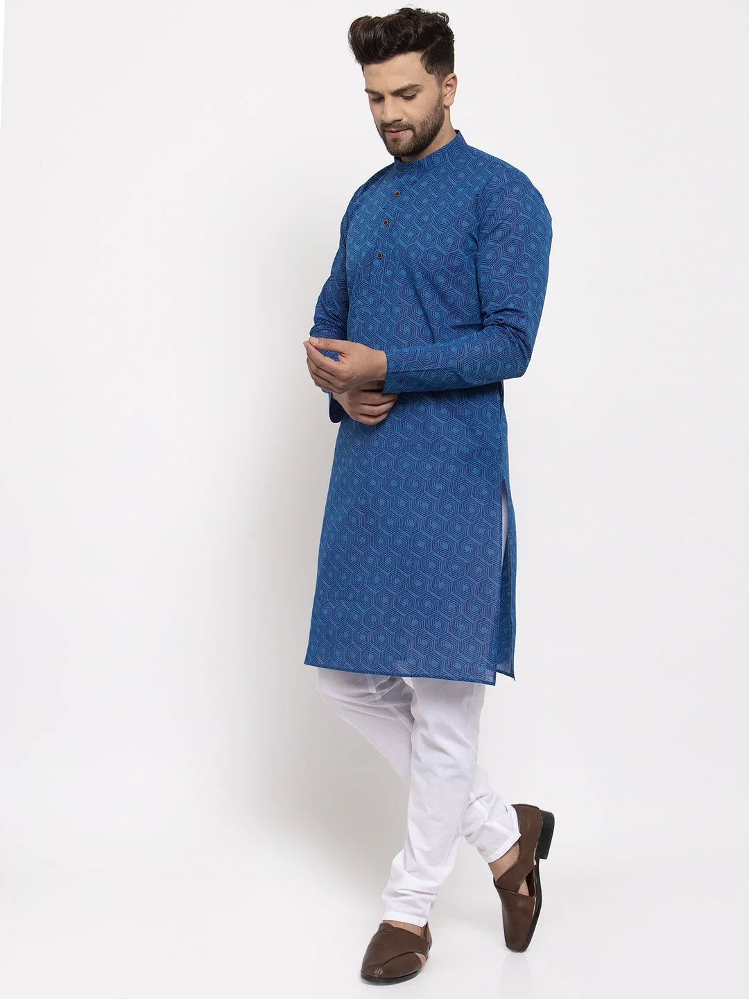 Blue Cotton Printed Men's Kurta | Indian Kurta for Men