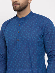 Men's Blue Cotton Printed Kurta Only