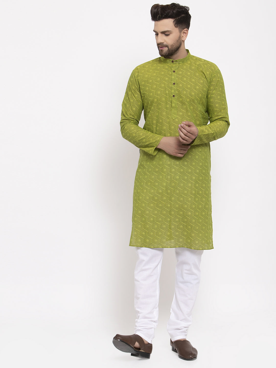 Green Cotton Printed Mens Kurta | Indian Kurta for Men Online
