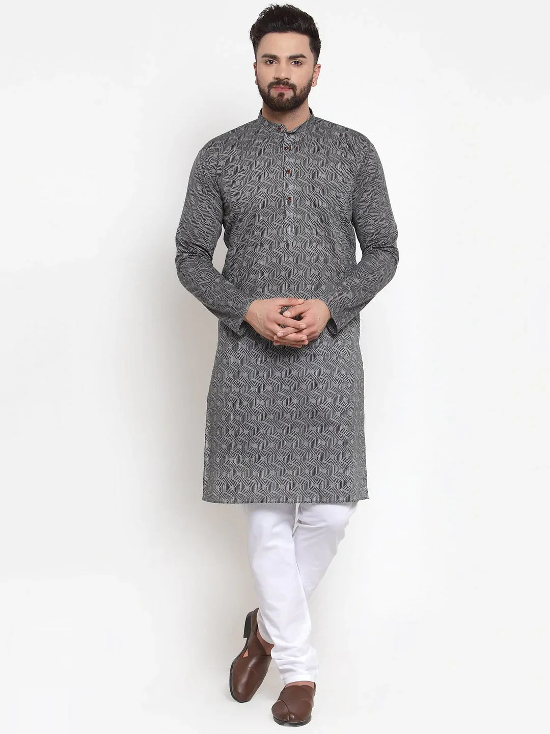 Grey Printed Kurta with Churidar | Mens Cotton Kurta Pajama