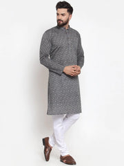 Men Grey Printed Kurta with White Churidar ( JOKP 604 Grey )-JOKP-604