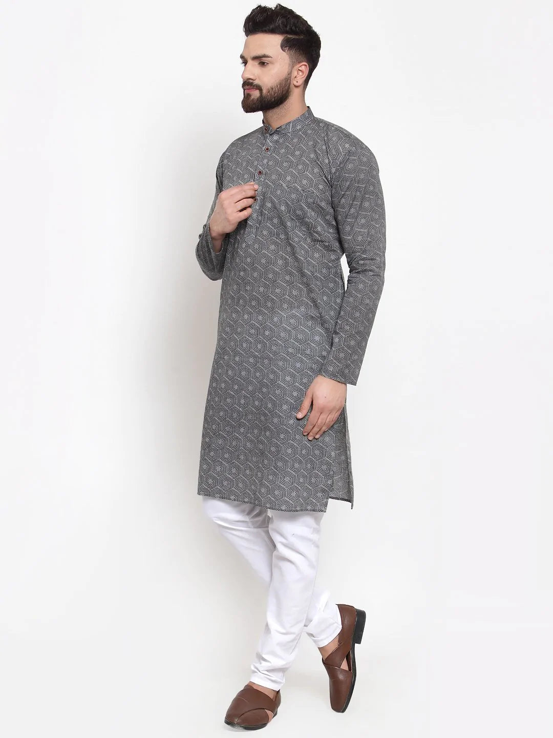 Grey Printed Kurta with Churidar | Mens Cotton Kurta Pajama
