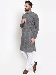 Men Grey Printed Kurta with White Churidar ( JOKP 604 Grey )-JOKP-604