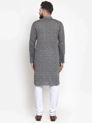 Men Grey Printed Kurta with White Churidar ( JOKP 604 Grey )-JOKP-604