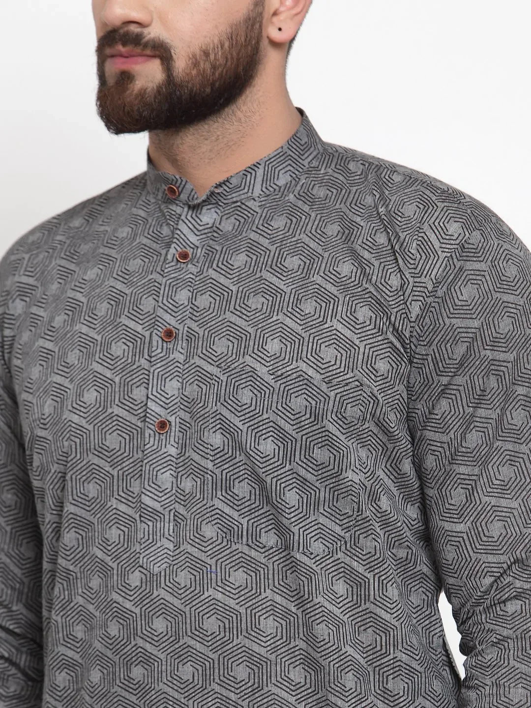 Grey Printed Kurta with Churidar | Mens Cotton Kurta Pajama